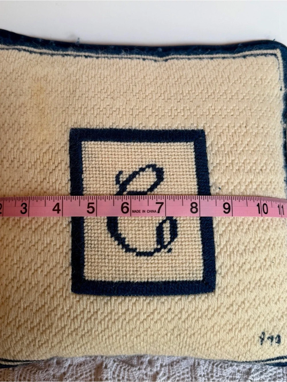 Hand Hooked Monogram C Accent Throw Pillow Navy Cream Wool Velvet Back